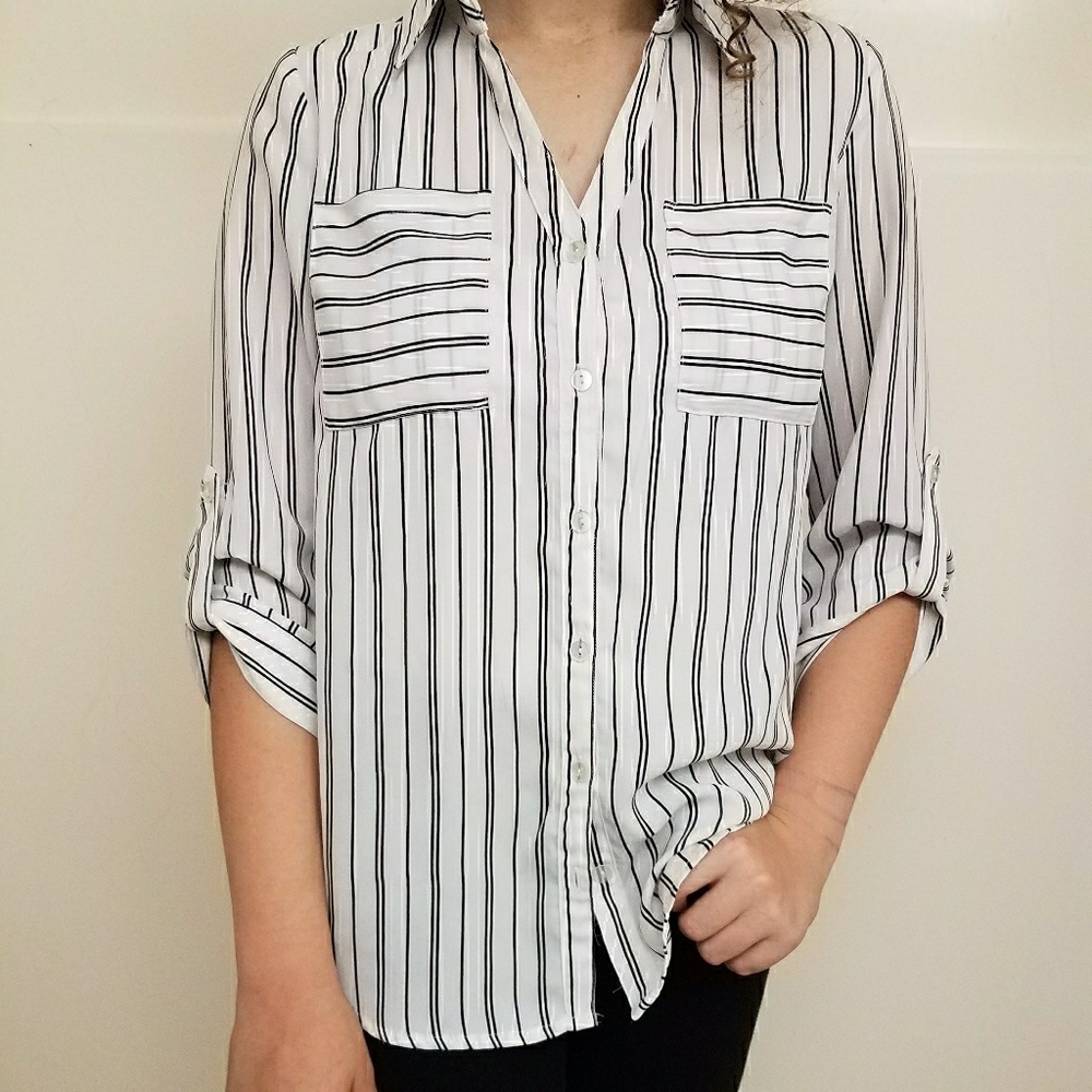 Black & White Sheer Striped Button Up Shirt